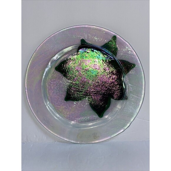 Jan Mitchell Fused Iridescent Clear Glass Plate Red Poinsettia Signed 7.5" New - Picture 4 of 6